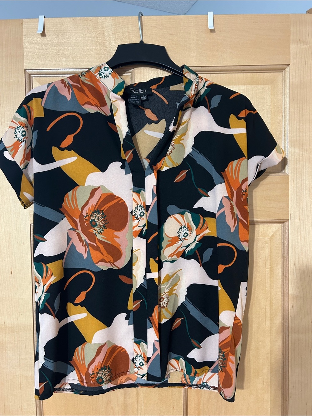 Papillon Black Blouse with Rust Orange Floral Accents